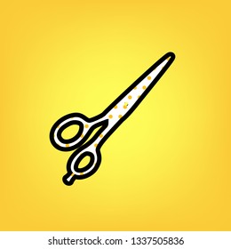 Hair cutting scissors sign. Vector. Yellow polka dot white icon with black contour at warm yellow background.