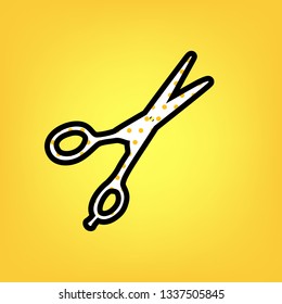 Hair cutting scissors sign. Vector. Yellow polka dot white icon with black contour at warm yellow background.