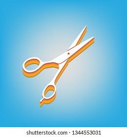 Hair cutting scissors sign. Vector. White icon with 3d warm-colored gradient body at sky blue background.