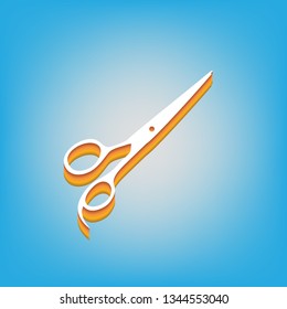Hair cutting scissors sign. Vector. White icon with 3d warm-colored gradient body at sky blue background.