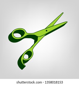 Hair cutting scissors sign. Vector. Yellow green solid icon with dark green external body at light colored background.