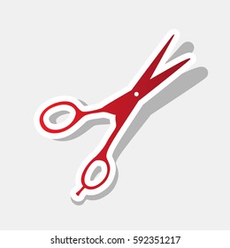 Hair cutting scissors sign. Vector. New year reddish icon with outside stroke and gray shadow on light gray background.