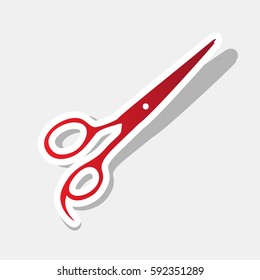 Hair cutting scissors sign. Vector. New year reddish icon with outside stroke and gray shadow on light gray background.