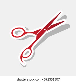 Hair cutting scissors sign. Vector. New year reddish icon with outside stroke and gray shadow on light gray background.