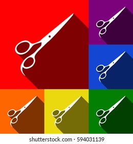 Hair cutting scissors sign. Vector. Set of icons with flat shadows at red, orange, yellow, green, blue and violet background.