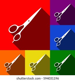 Hair cutting scissors sign. Vector. Set of icons with flat shadows at red, orange, yellow, green, blue and violet background.