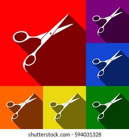 Hair cutting scissors sign. Vector. Set of icons with flat shadows at red, orange, yellow, green, blue and violet background.