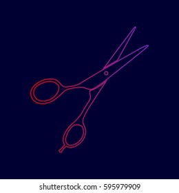 Hair cutting scissors sign. Vector. Line icon with gradient from red to violet colors on dark blue background.