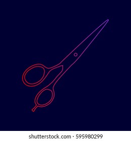 Hair cutting scissors sign. Vector. Line icon with gradient from red to violet colors on dark blue background.