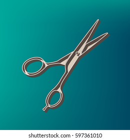 Hair cutting scissors sign. Vector. Icon printed at 3d on sea color background.