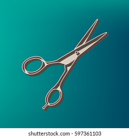 Hair cutting scissors sign. Vector. Icon printed at 3d on sea color background.