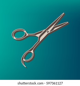 Hair cutting scissors sign. Vector. Icon printed at 3d on sea color background.
