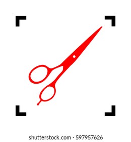 Hair cutting scissors sign. Vector. Red icon inside black focus corners on white background. Isolated.