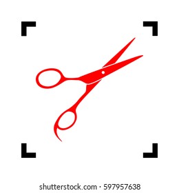 Hair cutting scissors sign. Vector. Red icon inside black focus corners on white background. Isolated.