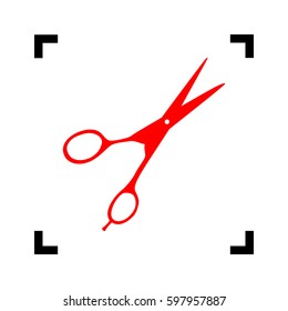 Hair cutting scissors sign. Vector. Red icon inside black focus corners on white background. Isolated.