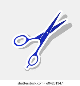Hair cutting scissors sign. Vector. New year bluish icon with outside stroke and gray shadow on light gray background.