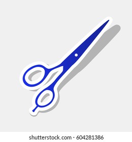Hair cutting scissors sign. Vector. New year bluish icon with outside stroke and gray shadow on light gray background.