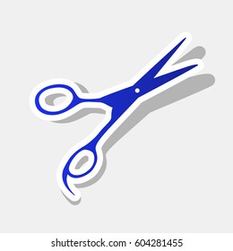 Hair cutting scissors sign. Vector. New year bluish icon with outside stroke and gray shadow on light gray background.