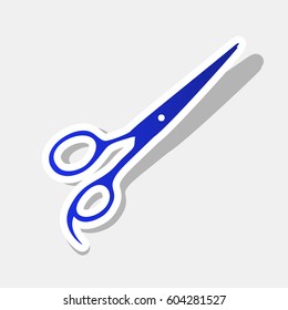 Hair cutting scissors sign. Vector. New year bluish icon with outside stroke and gray shadow on light gray background.