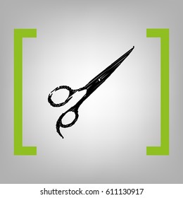 Hair cutting scissors sign. Vector. Black scribble icon in citron brackets on grayish background.