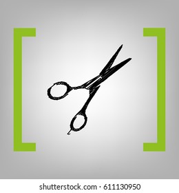 Hair cutting scissors sign. Vector. Black scribble icon in citron brackets on grayish background.