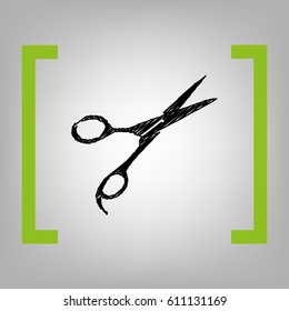 Hair cutting scissors sign. Vector. Black scribble icon in citron brackets on grayish background.