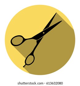 Hair cutting scissors sign. Vector. Flat black icon with flat shadow on royal yellow circle with white background. Isolated.