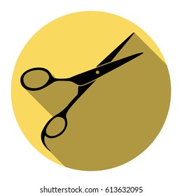 Hair cutting scissors sign. Vector. Flat black icon with flat shadow on royal yellow circle with white background. Isolated.