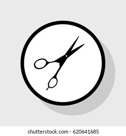 Hair cutting scissors sign. Vector. Flat black icon in white circle with shadow at gray background.