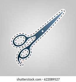 Hair cutting scissors sign. Vector. Blue icon with outline for cutting out at gray background.