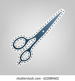 Hair cutting scissors sign. Vector. Blue icon with outline for cutting out at gray background.