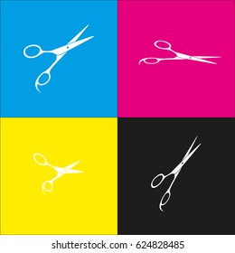 Hair cutting scissors sign. Vector. White icon with isometric projections on cyan, magenta, yellow and black backgrounds.