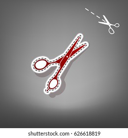 Hair cutting scissors sign. Vector. Red icon with for applique from paper with shadow on gray background with scissors.