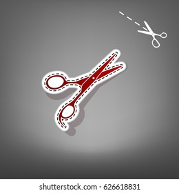 Hair cutting scissors sign. Vector. Red icon with for applique from paper with shadow on gray background with scissors.