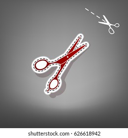 Hair cutting scissors sign. Vector. Red icon with for applique from paper with shadow on gray background with scissors.