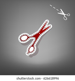 Hair cutting scissors sign. Vector. Red icon with for applique from paper with shadow on gray background with scissors.