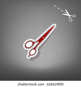 Hair cutting scissors sign. Vector. Red icon with for applique from paper with shadow on gray background with scissors.