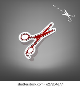Hair cutting scissors sign. Vector. Red icon with for applique from paper with shadow on gray background with scissors.
