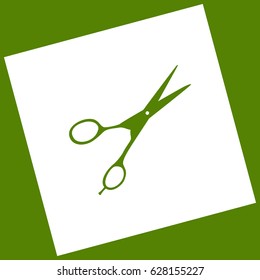 Hair cutting scissors sign. Vector. White icon obtained as a result of subtraction rotated square and path. Avocado background.