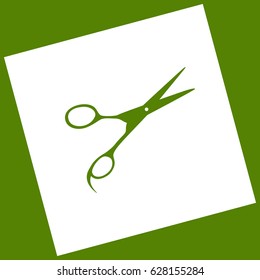 Hair cutting scissors sign. Vector. White icon obtained as a result of subtraction rotated square and path. Avocado background.