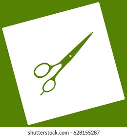 Hair cutting scissors sign. Vector. White icon obtained as a result of subtraction rotated square and path. Avocado background.