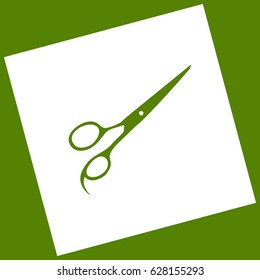 Hair cutting scissors sign. Vector. White icon obtained as a result of subtraction rotated square and path. Avocado background.