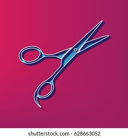 Hair cutting scissors sign. Vector. Blue 3d printed icon on magenta background.
