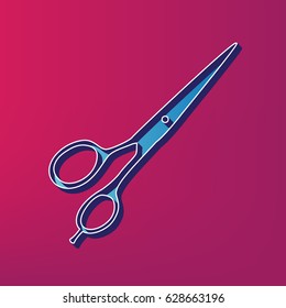 Hair cutting scissors sign. Vector. Blue 3d printed icon on magenta background.