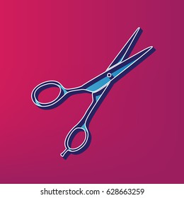 Hair cutting scissors sign. Vector. Blue 3d printed icon on magenta background.