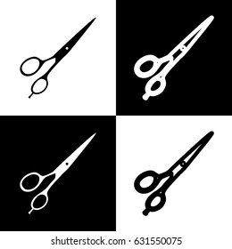Hair cutting scissors sign. Vector. Black and white icons and line icon on chess board.