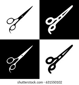 Hair cutting scissors sign. Vector. Black and white icons and line icon on chess board.