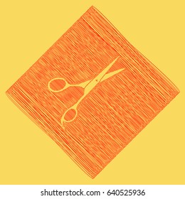 Hair cutting scissors sign. Vector. Red scribble icon obtained as a result of subtraction rhomb and path. Royal yellow background.