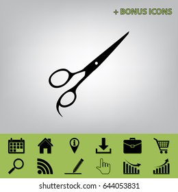 Hair cutting scissors sign. Vector. Black icon at gray background with bonus icons 