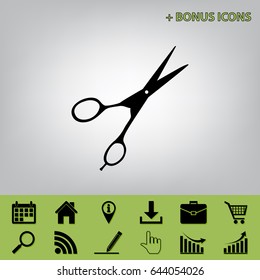 Hair cutting scissors sign. Vector. Black icon at gray background with bonus icons